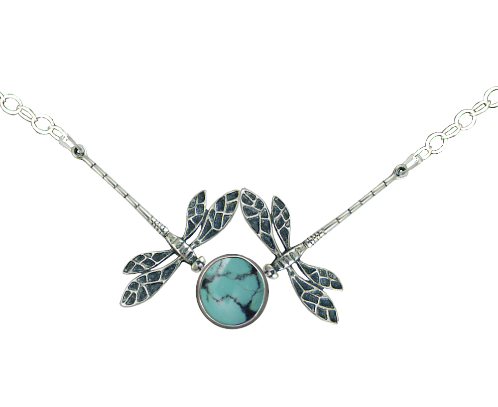 Sterling Silver Double Dragonfly Necklace With Chinese Turquoise